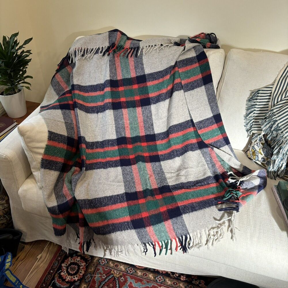 TROY ROBE BLANKET Throw Blue Red Plaid 100% Acrylic Made in USA Vintage 50x52”